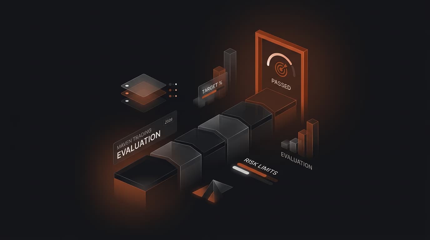 Maven Trading Evaluation 2026: Challenge Process, Targets & How to Pass — Maven Trading evaluation — futures trading platform context, abstract editorial illustration