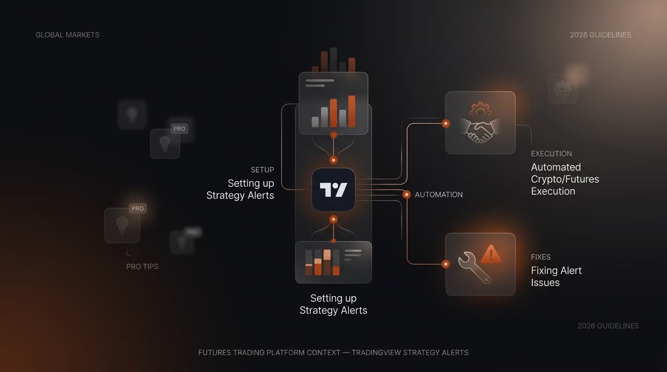 TradingView Strategy Alerts 2026: Ultimate Guide to Setup, Automation, Fixes & Pro Tips — tradingview strategy alerts — futures trading platform context, abstract editorial illustration