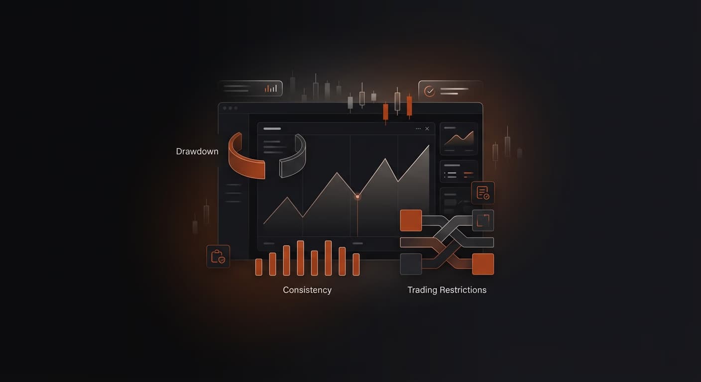 Funded Trading Plus Rules 2026: Drawdown, Consistency & Trading Restrictions — Funded Trading Plus rules — futures trading platform context, abstract editorial illustration