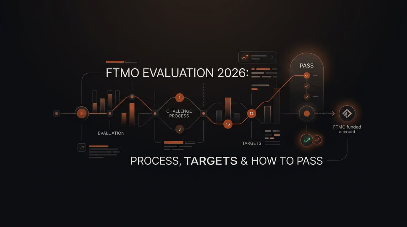 FTMO Evaluation 2026: Challenge Process, Targets & How to Pass — Ftmo evaluation — futures trading platform context, abstract editorial illustration