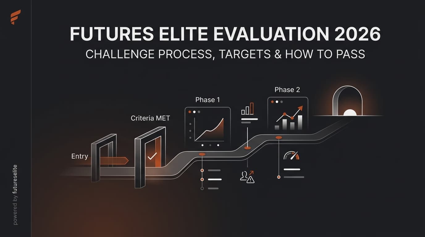 FuturesElite Evaluation 2026: Challenge Process, Targets & How to Pass — Futureselite evaluation — futures trading platform context, abstract editorial illustration