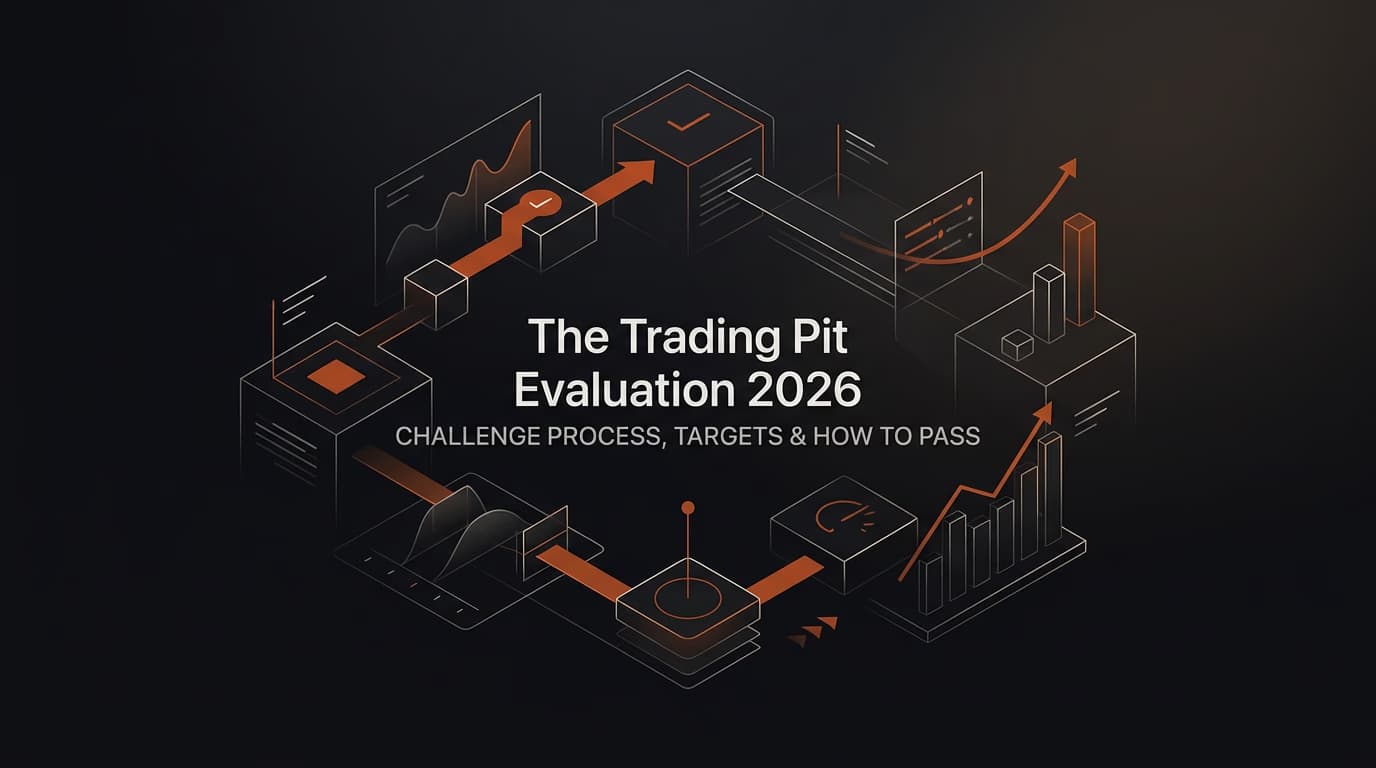 The Trading Pit Evaluation 2026: Challenge Process, Targets & How to Pass — The Trading Pit evaluation — futures trading platform context, abstract editorial illustration