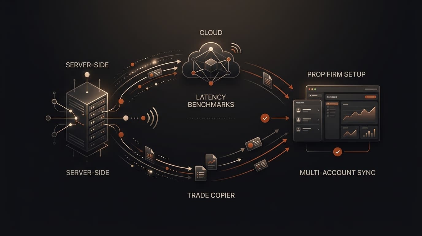 Best Rithmic Trade Copiers 2026: Server-Side vs Cloud, Latency Benchmarks & Prop Firm Setup — rithmic trade copier — futures trading platform context, abstract editorial illustration