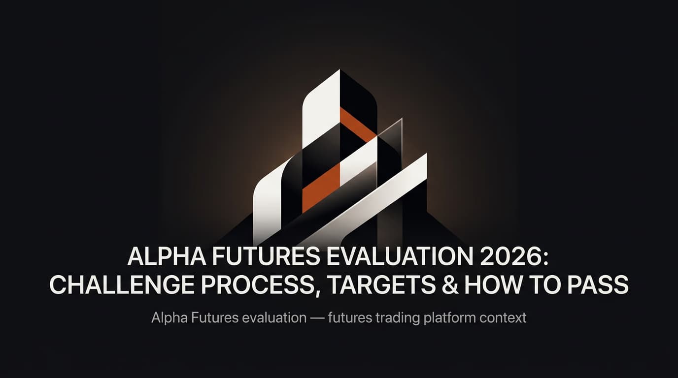 Alpha Futures Evaluation 2026: Challenge Process, Targets & How to Pass — Alpha Futures evaluation — futures trading platform context, abstract editorial illustration