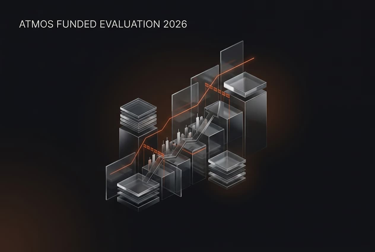 Atmos Funded Evaluation 2026: Challenge Process, Targets & How to Pass — Atmos Funded evaluation — futures trading platform context, abstract editorial illustration