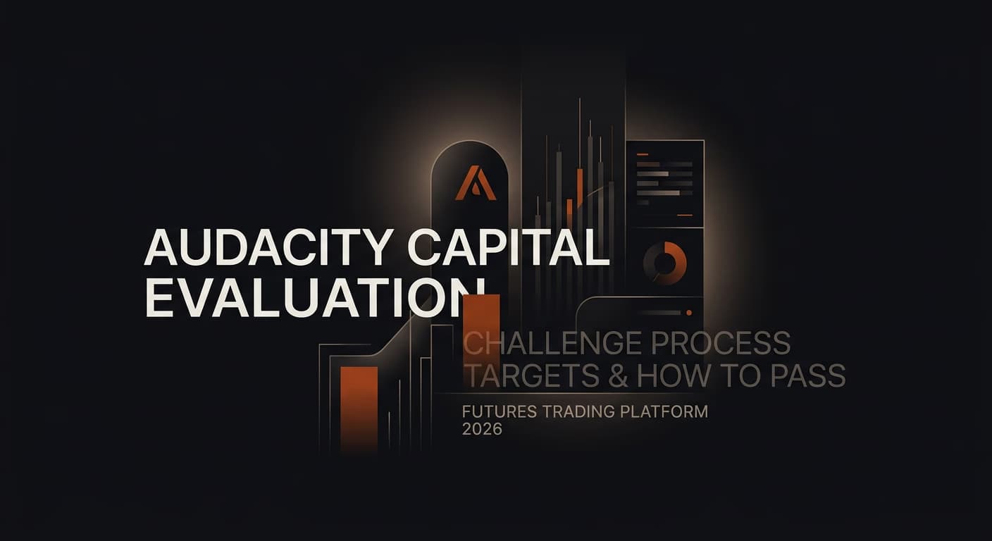 AudaCity Capital Evaluation 2026: Challenge Process, Targets & How to Pass — Audacity Capital evaluation — futures trading platform context, abstract editorial illustration
