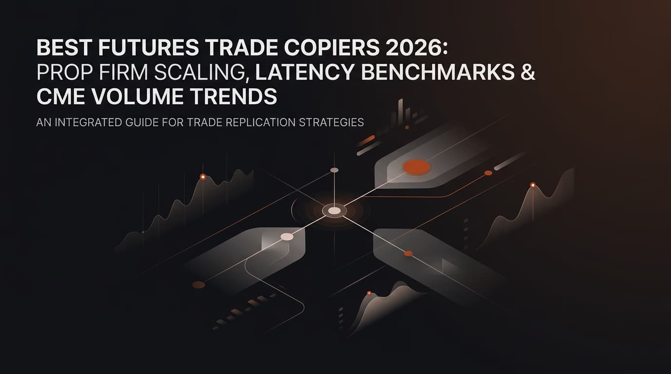 Best Futures Trade Copiers 2026: Prop Firm Scaling, Latency Benchmarks & CME Volume Trends — futures trading trade copier — futures trading platform context, abstract editorial illustration