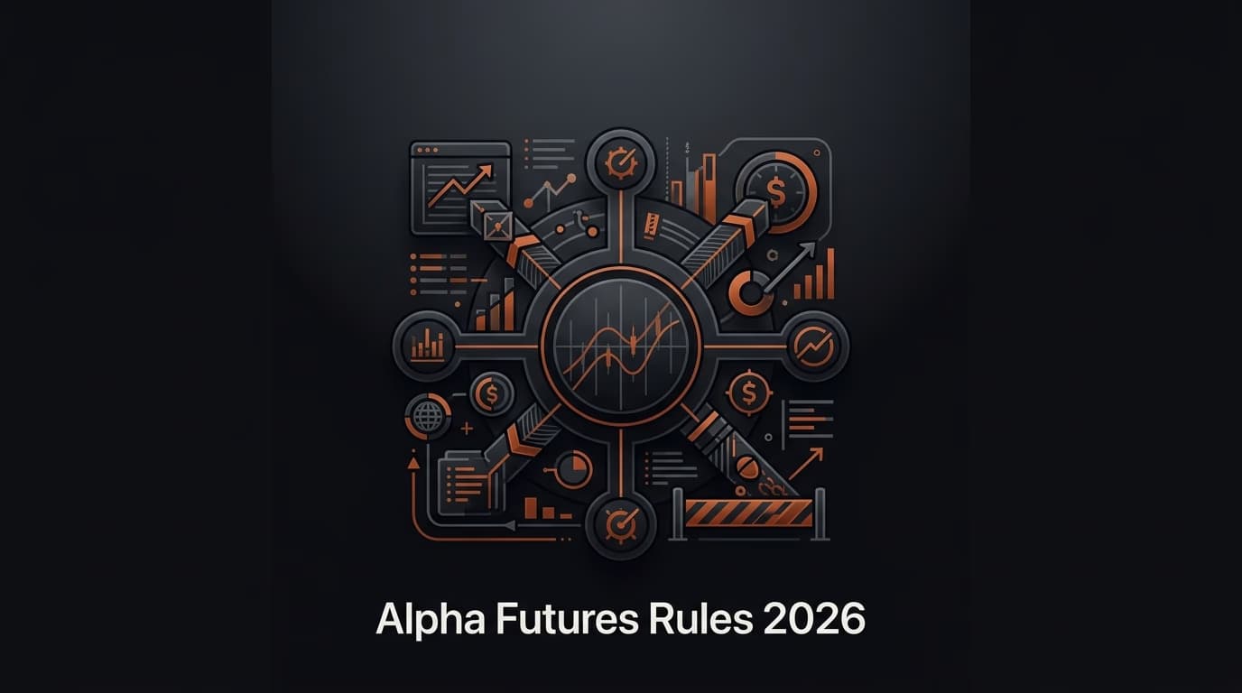 Alpha Futures Rules 2026: Drawdown, Consistency & Trading Restrictions — Alpha Futures rules — futures trading platform context, abstract editorial illustration