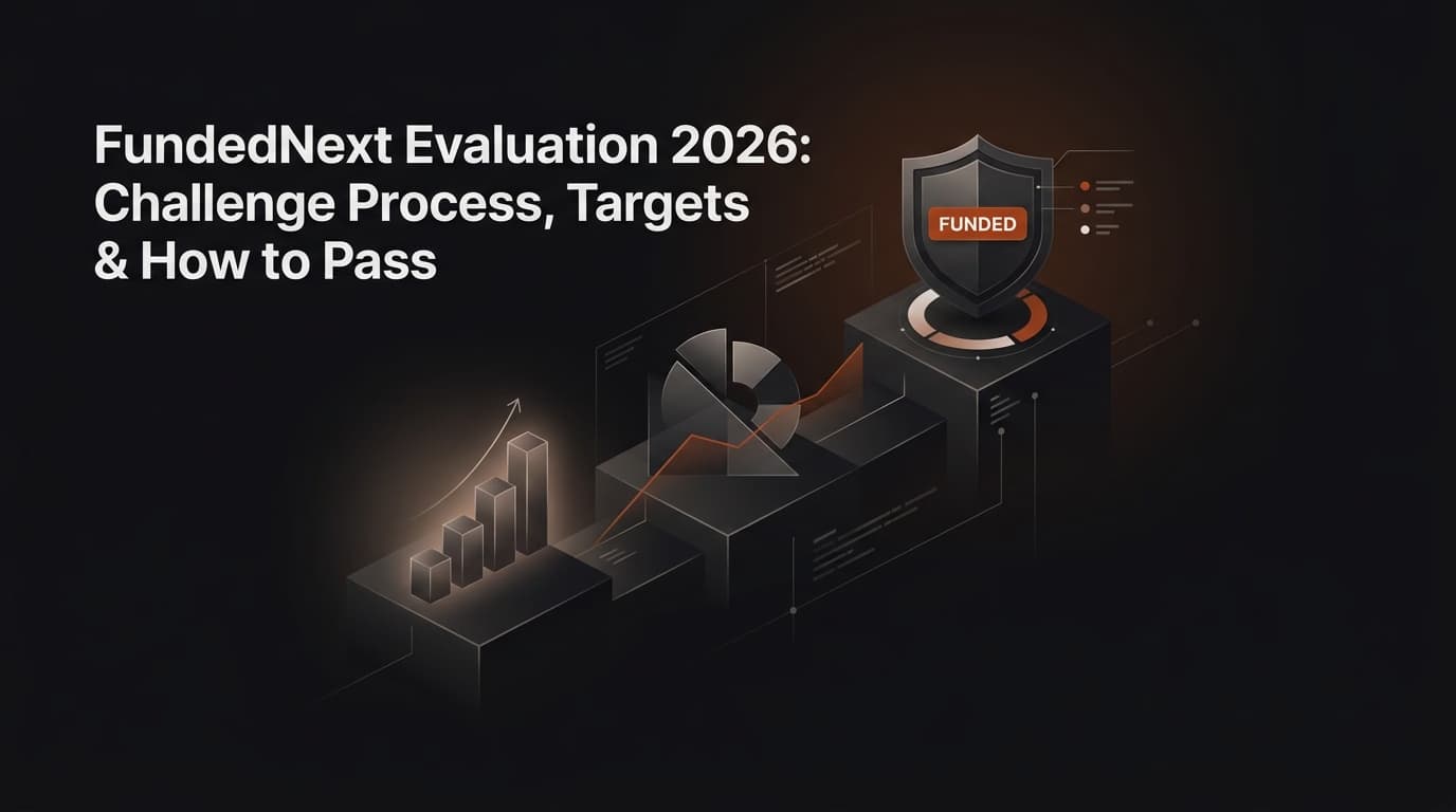 FundedNext Evaluation 2026: Challenge Process, Targets & How to Pass — Fundednext evaluation — futures trading platform context, abstract editorial illustration