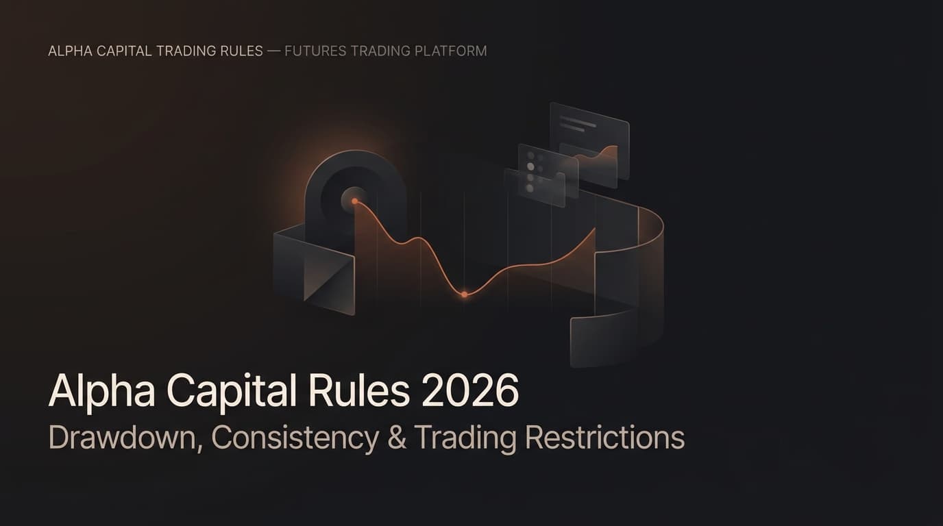 Alpha Capital Rules 2026: Drawdown, Consistency & Trading Restrictions — Alpha Capital trading rules — futures trading platform context, abstract editorial illustration