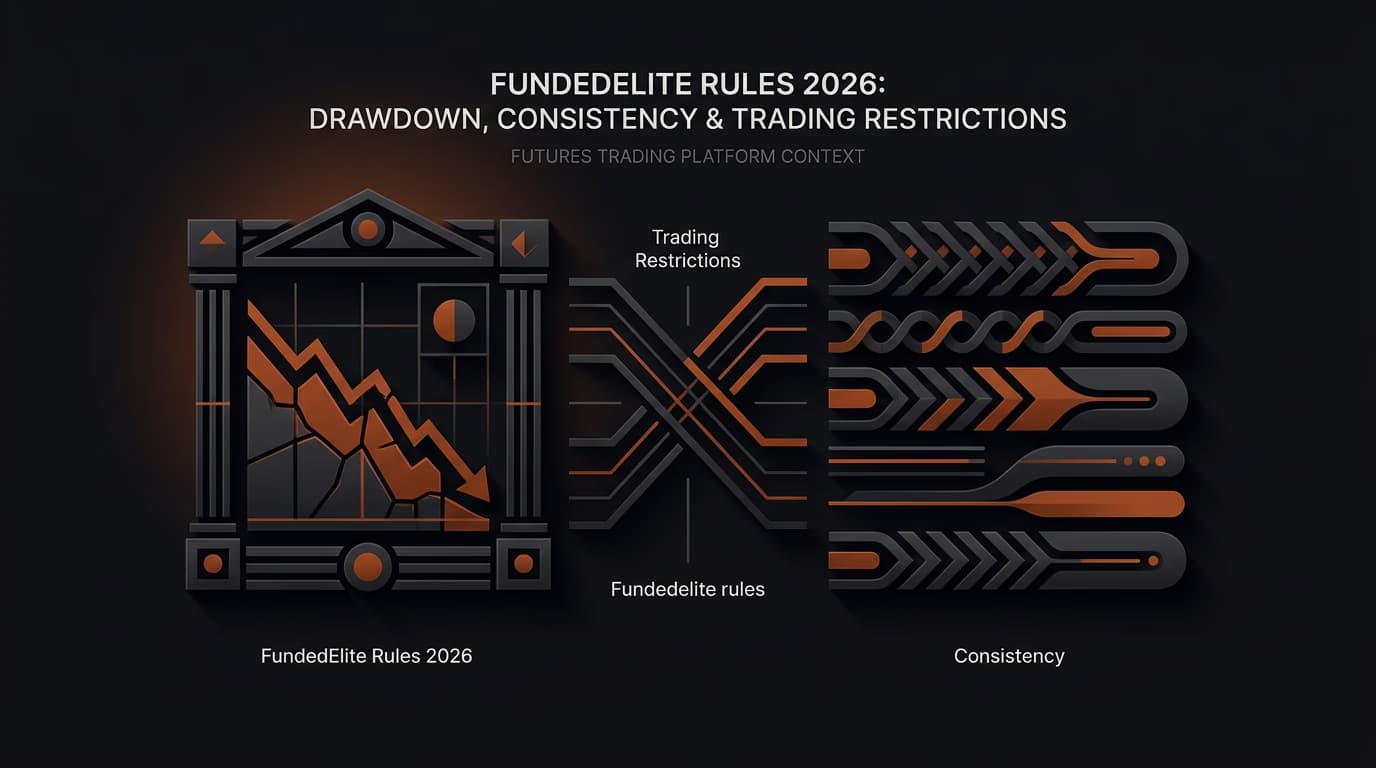 FundedElite Rules 2026: Drawdown, Consistency & Trading Restrictions — Fundedelite rules — futures trading platform context, abstract editorial illustration
