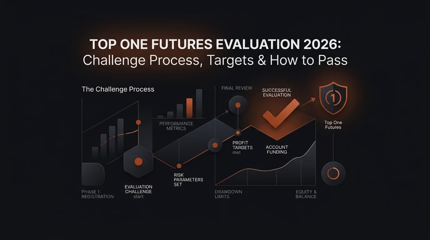 Top One Futures Evaluation 2026: Challenge Process, Targets & How to Pass — Top One Futures evaluation — futures trading platform context, abstract editorial illustration