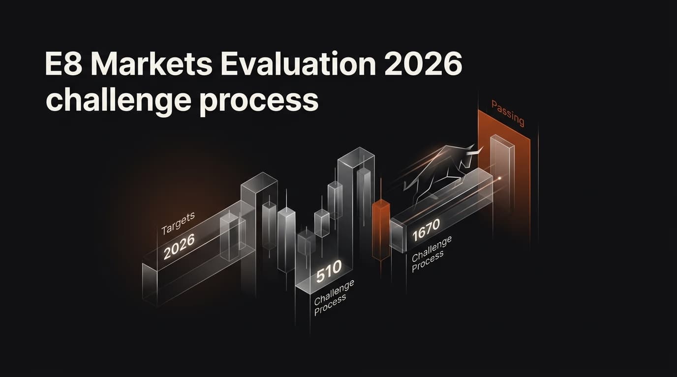 E8 Markets Evaluation 2026: Challenge Process, Targets & How to Pass — E8 Markets evaluation — futures trading platform context, abstract editorial illustration