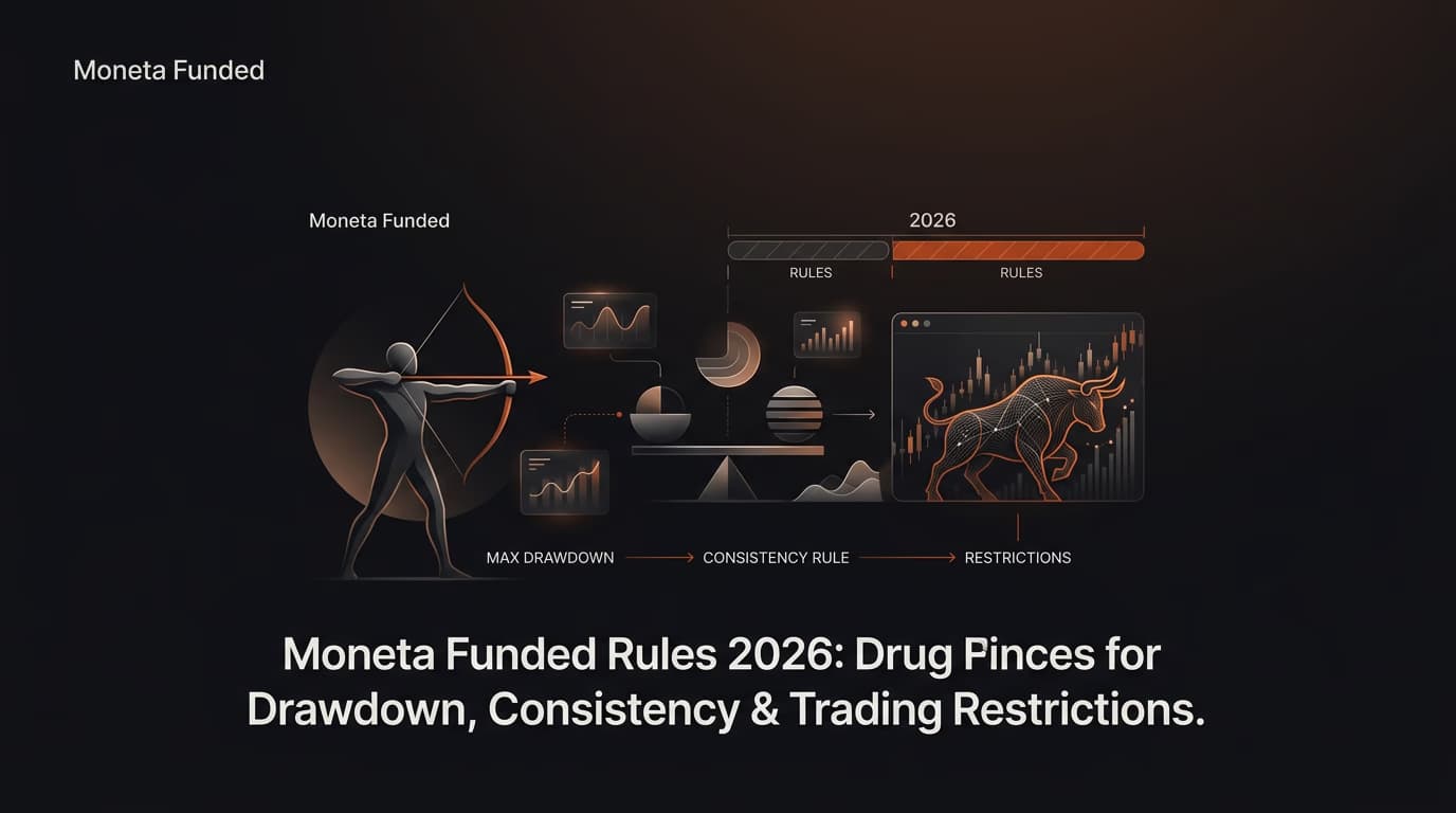 Moneta Funded Rules 2026: Drawdown, Consistency & Trading Restrictions — Moneta Funded rules — futures trading platform context, abstract editorial illustration