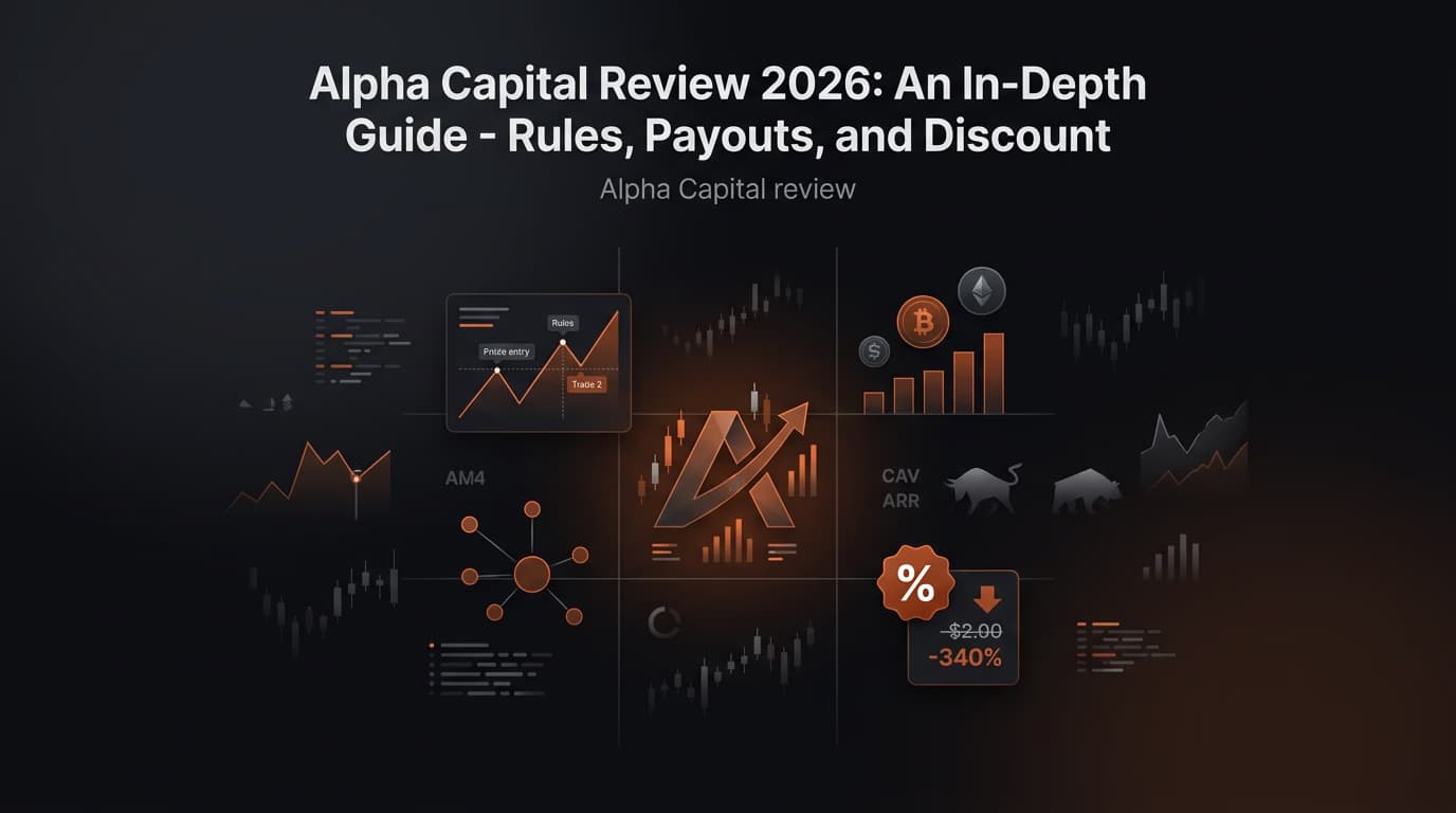 Alpha Capital Review 2026: An In-Depth Guide - Rules, Payouts, and Discount — Alpha Capital review — futures trading platform context, abstract editorial illustration