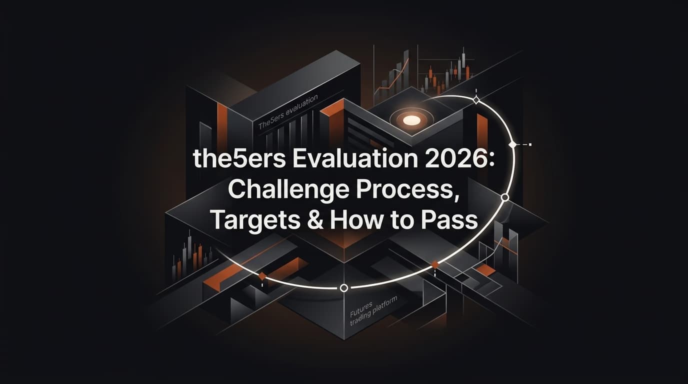 the5ers Evaluation 2026: Challenge Process, Targets & How to Pass — The5ers evaluation — futures trading platform context, abstract editorial illustration