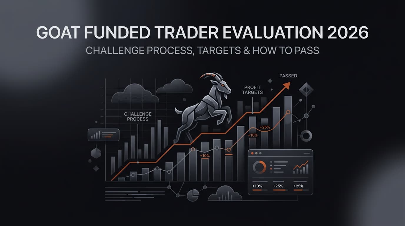 Goat Funded Trader Evaluation 2026: Challenge Process, Targets & How to Pass — Goat Funded Trader evaluation — futures trading platform context, abstract editorial illustration