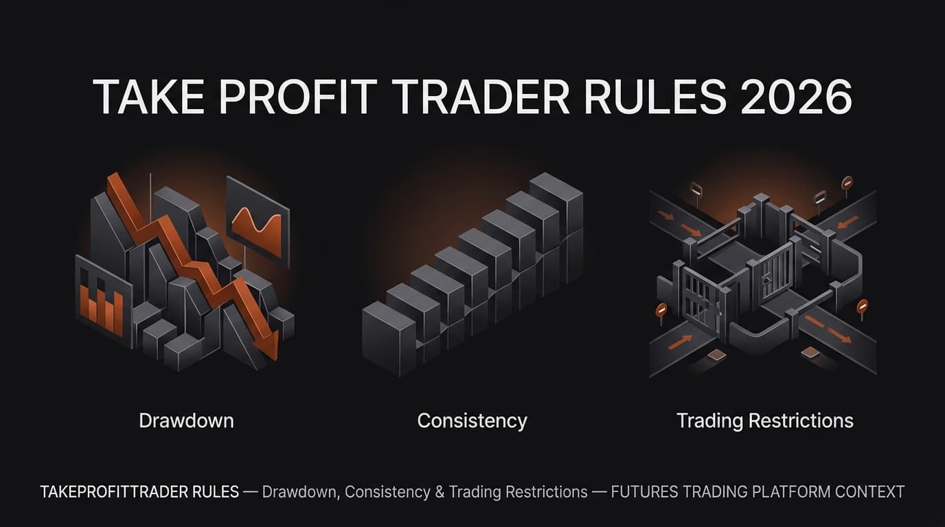 Take Profit Trader Rules 2026: Drawdown, Consistency & Trading Restrictions — Takeprofittrader rules — futures trading platform context, abstract editorial illustration
