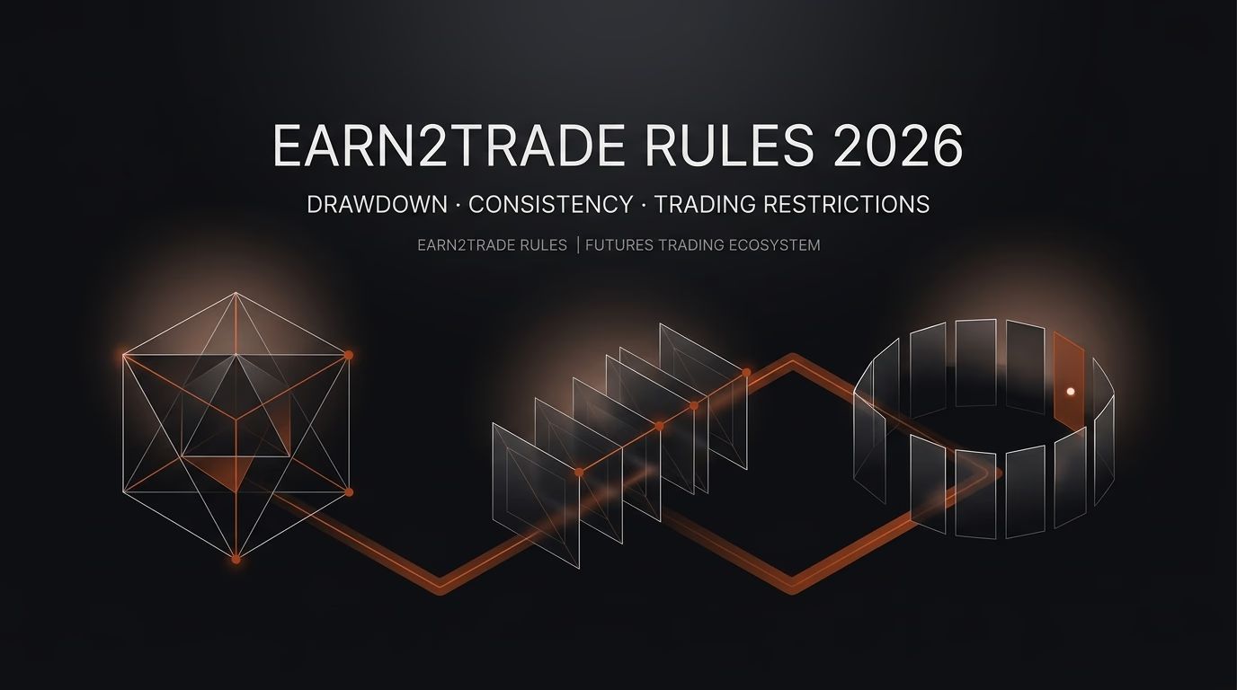 Earn2Trade Rules 2026: Drawdown, Consistency & Trading Restrictions — Earn2trade rules — futures trading platform context, abstract editorial illustration
