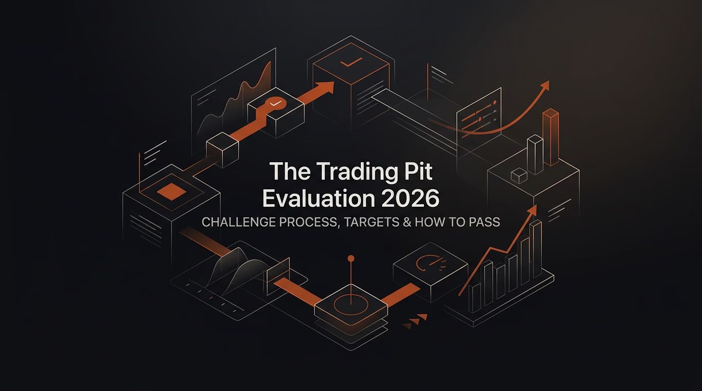The Trading Pit Evaluation 2026: Challenge Process, Targets & How to Pass — The Trading Pit evaluation — futures trading platform context, abstract editorial illustration
