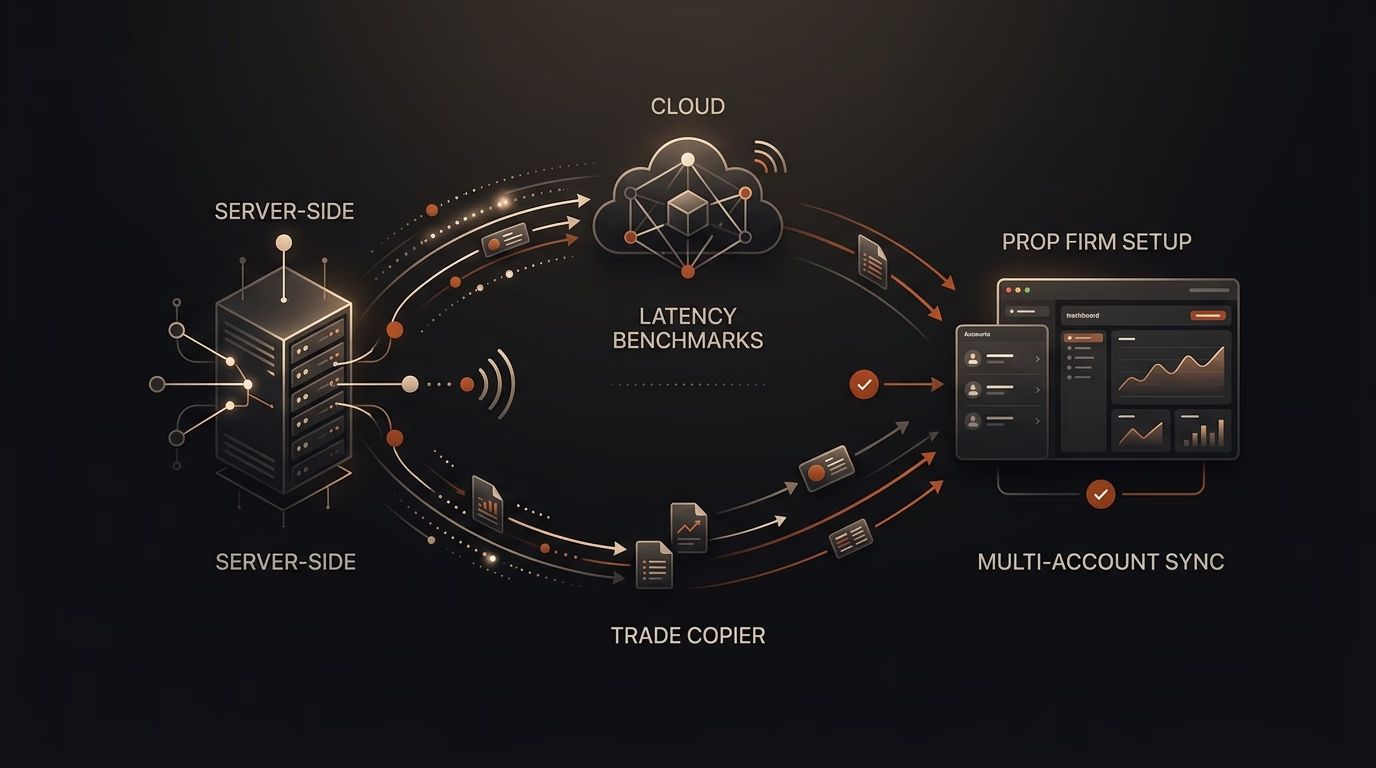 Best Rithmic Trade Copiers 2026: Server-Side vs Cloud, Latency Benchmarks & Prop Firm Setup — rithmic trade copier — futures trading platform context, abstract editorial illustration