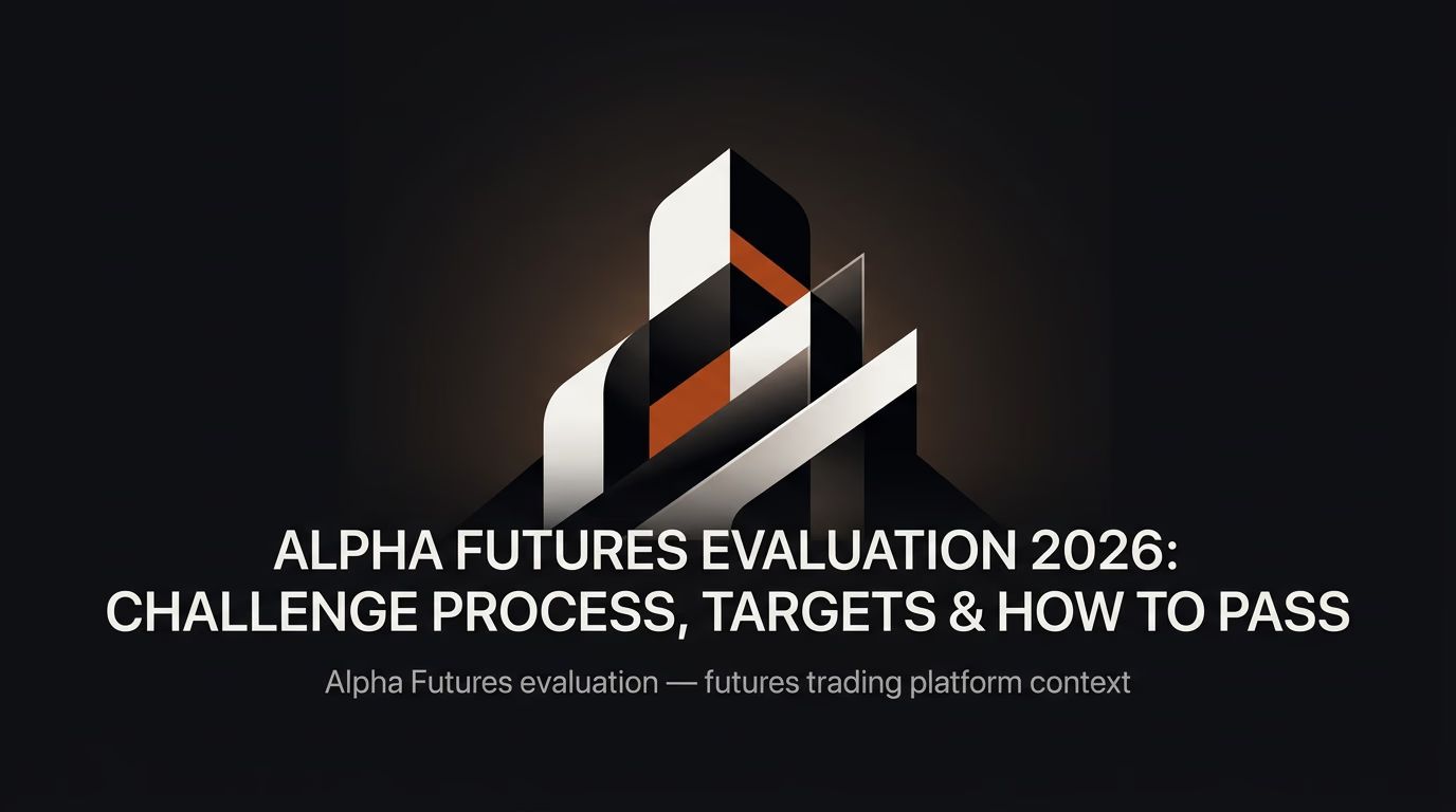 Alpha Futures Evaluation 2026: Challenge Process, Targets & How to Pass — Alpha Futures evaluation — futures trading platform context, abstract editorial illustration