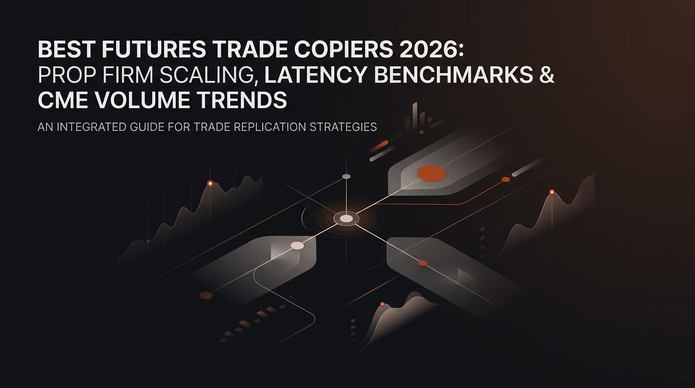 Best Futures Trade Copiers 2026: Prop Firm Scaling, Latency Benchmarks & CME Volume Trends — futures trading trade copier — futures trading platform context, abstract editorial illustration