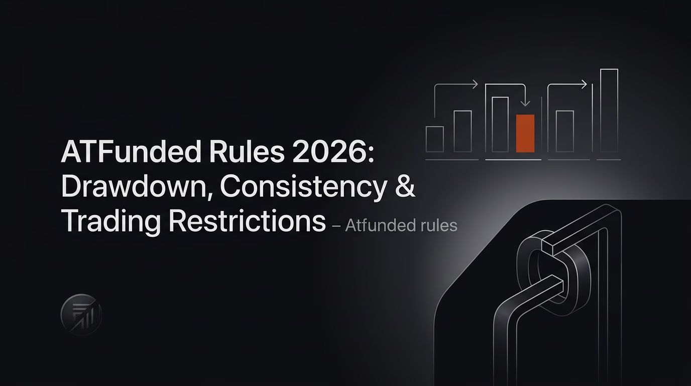 ATFunded Rules 2026: Drawdown, Consistency & Trading Restrictions — Atfunded rules — futures trading platform context, abstract editorial illustration