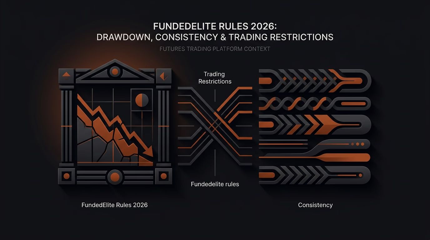 FundedElite Rules 2026: Drawdown, Consistency & Trading Restrictions — Fundedelite rules — futures trading platform context, abstract editorial illustration
