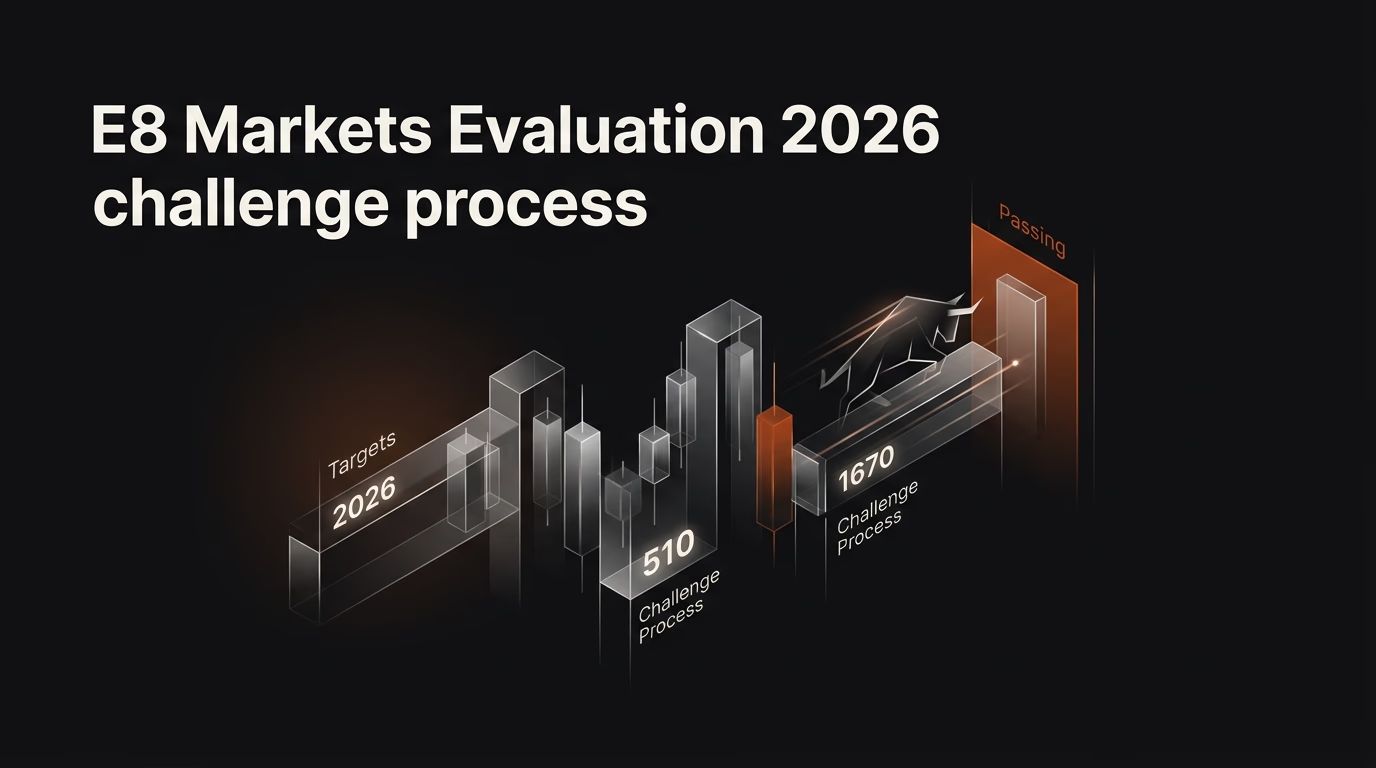 E8 Markets Evaluation 2026: Challenge Process, Targets & How to Pass — E8 Markets evaluation — futures trading platform context, abstract editorial illustration