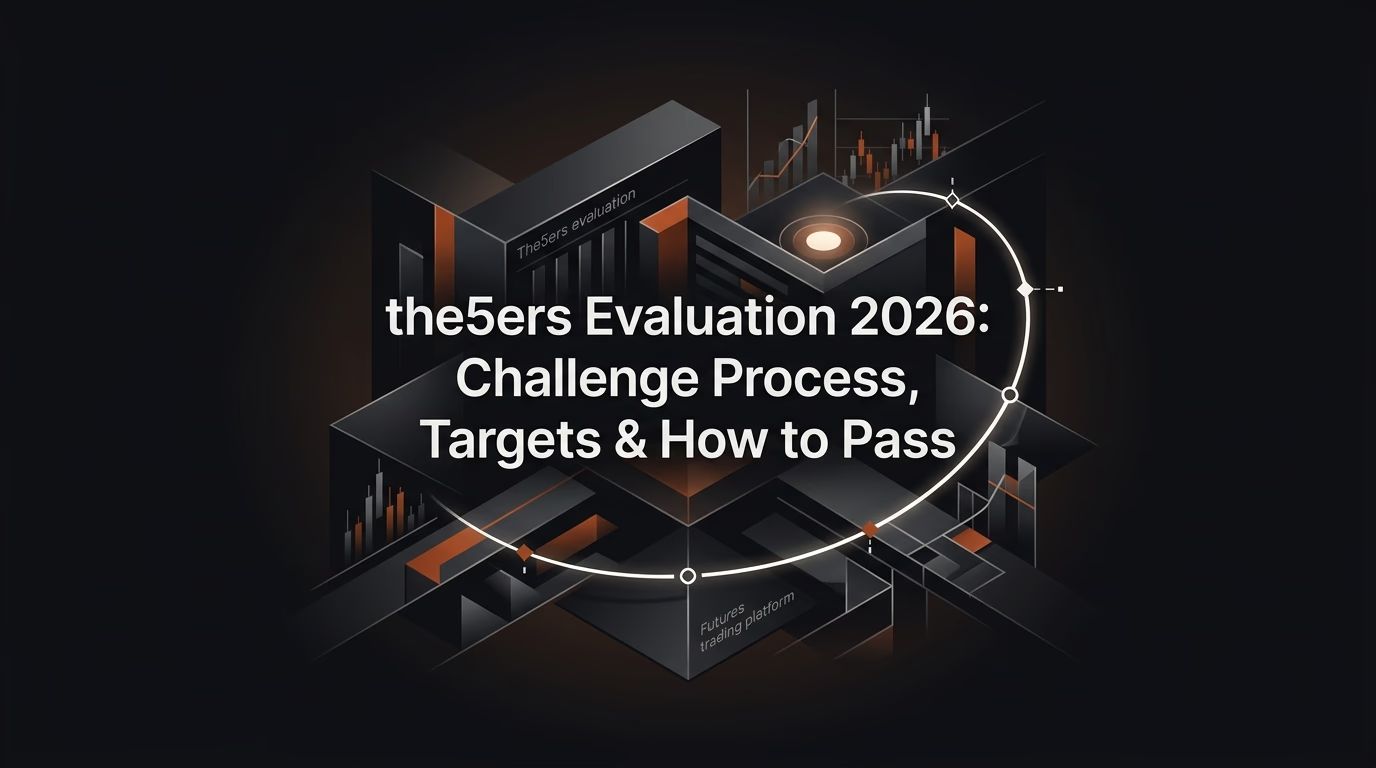 the5ers Evaluation 2026: Challenge Process, Targets & How to Pass — The5ers evaluation — futures trading platform context, abstract editorial illustration
