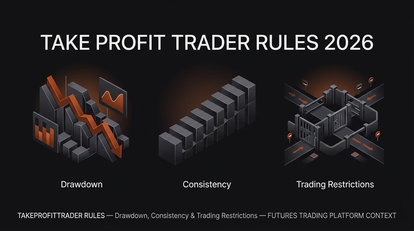 Take Profit Trader Rules 2026: Drawdown, Consistency & Trading Restrictions — Takeprofittrader rules — futures trading platform context, abstract editorial illustration