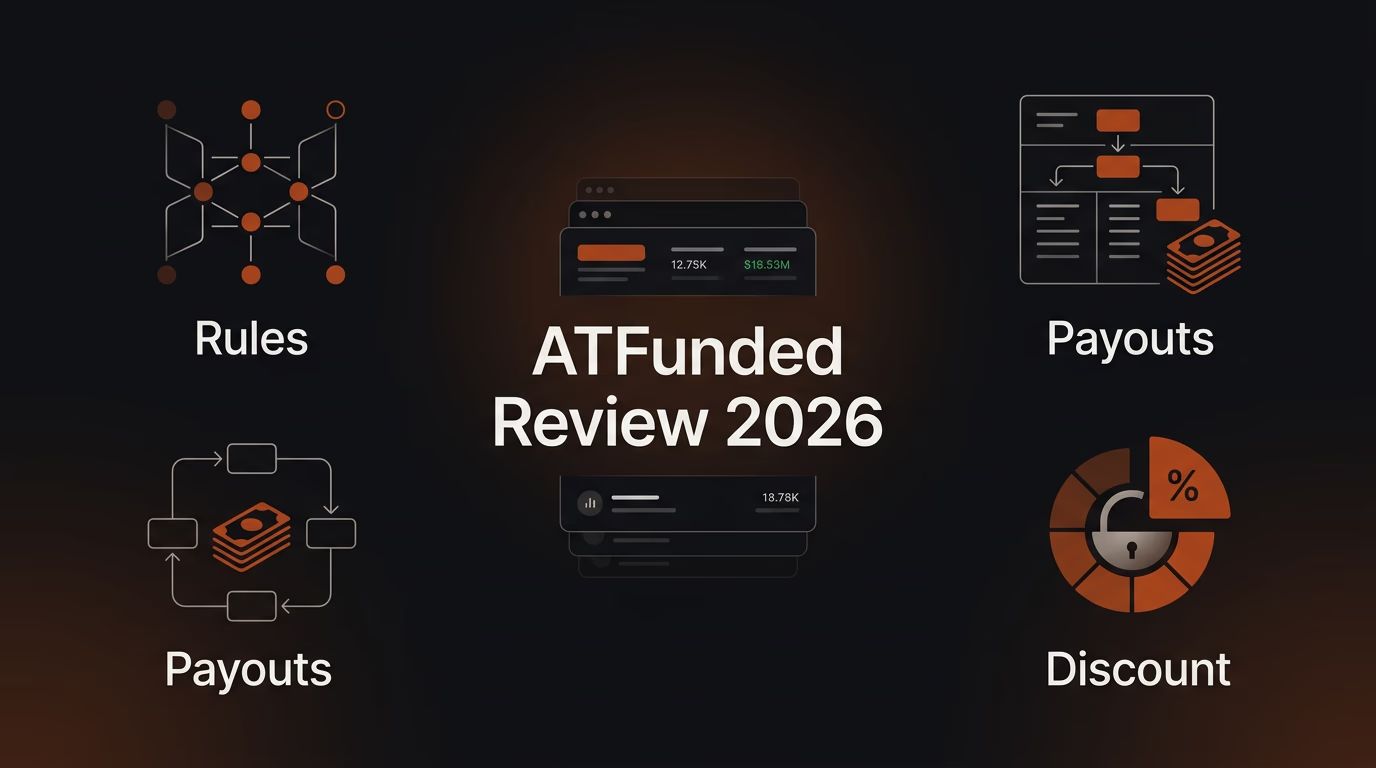 ATFunded Review 2026: An In-Depth Guide - Rules, Payouts, and Discount — Atfunded review — futures trading platform context, abstract editorial illustration