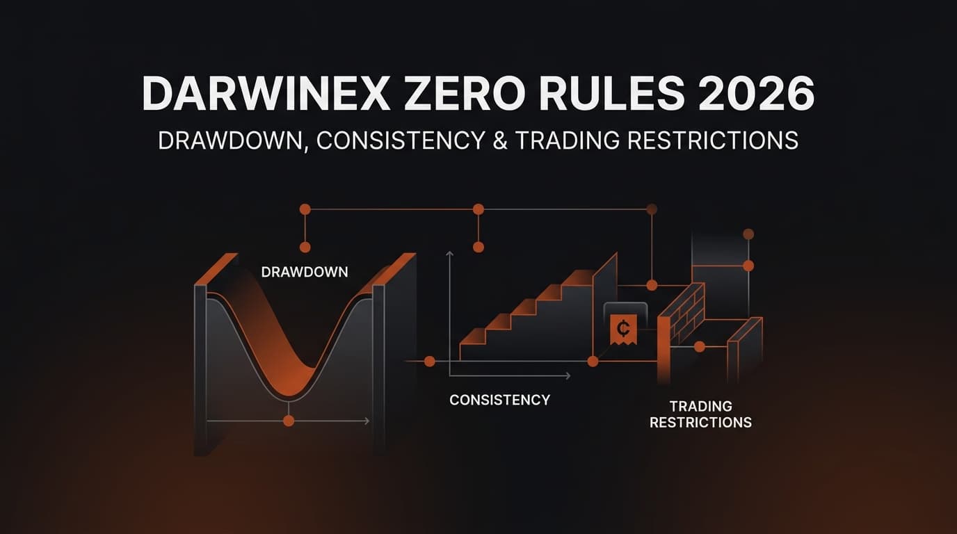 Darwinex Zero Rules 2026: Drawdown, Consistency & Trading Restrictions — Darwinex Zero trading rules — futures trading platform context, abstract editorial illustration