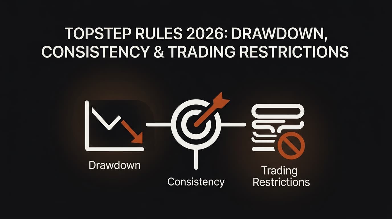 Topstep Rules 2026: Drawdown, Consistency & Trading Restrictions — Topstep rules — futures trading platform context, abstract editorial illustration