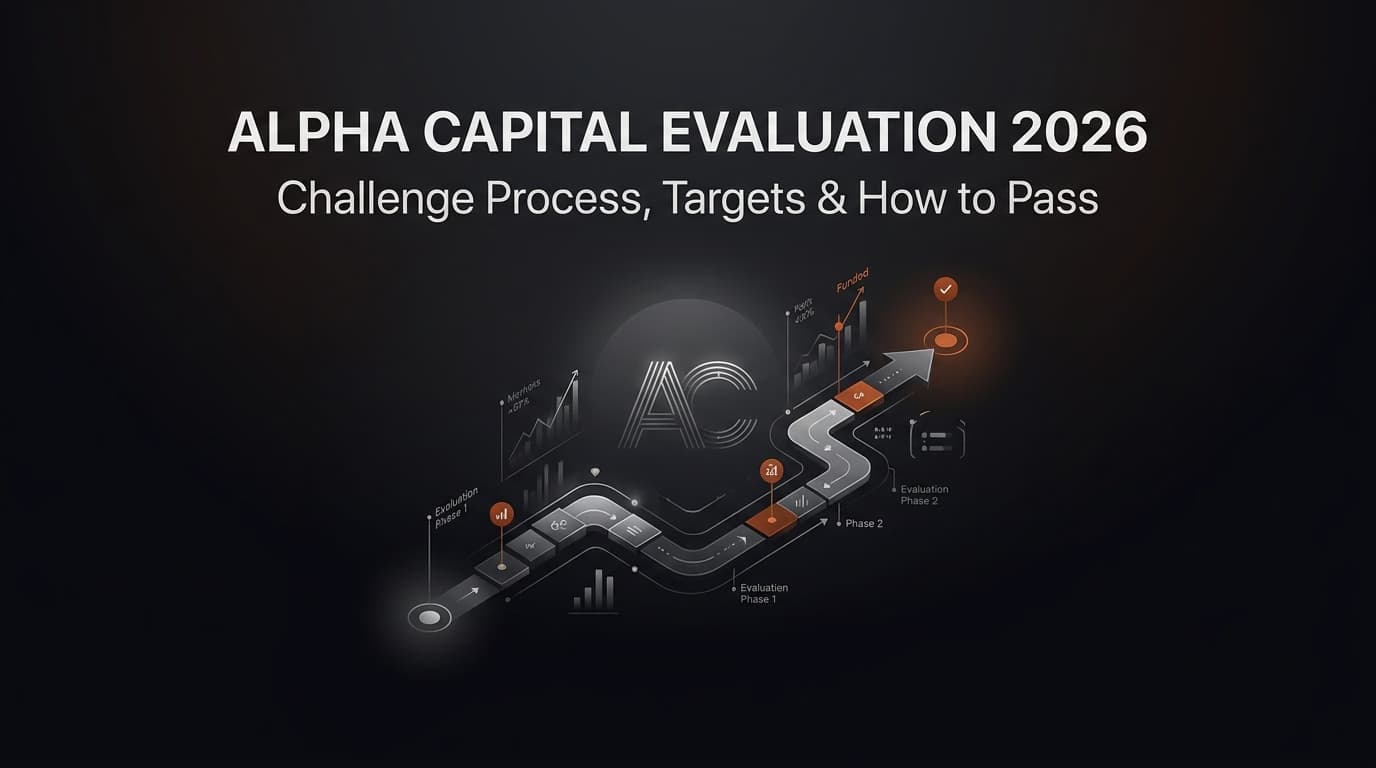Alpha Capital Evaluation 2026: Challenge Process, Targets & How to Pass β Alpha Capital challenge β futures trading platform context, abstract editorial illustration