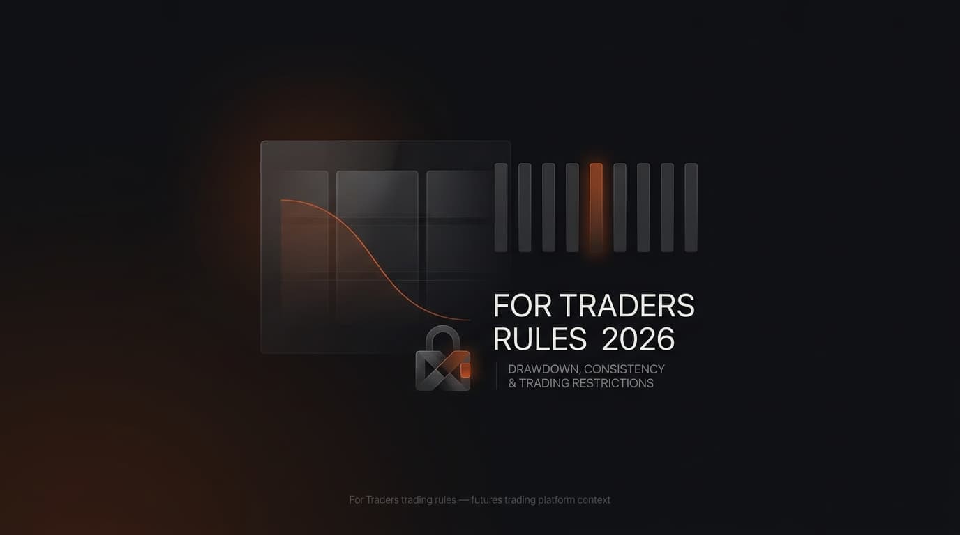 For Traders Rules 2026: Drawdown, Consistency & Trading Restrictions — For Traders trading rules — futures trading platform context, abstract editorial illustration