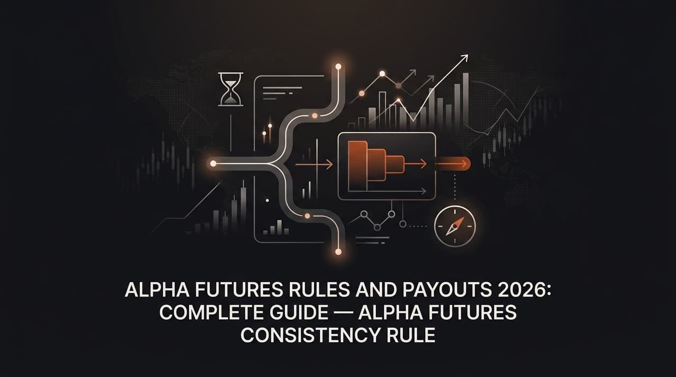 Alpha Futures Rules and Payouts 2026: Complete Guide — Alpha Futures consistency rule — futures trading platform context, abstract editorial illustration
