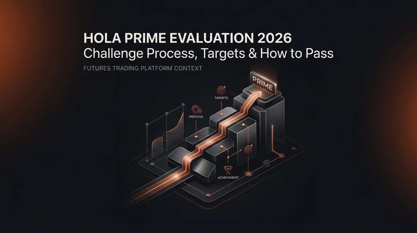 Hola Prime Evaluation 2026: Challenge Process, Targets & How to Pass — Hola Prime evaluation — futures trading platform context, abstract editorial illustration