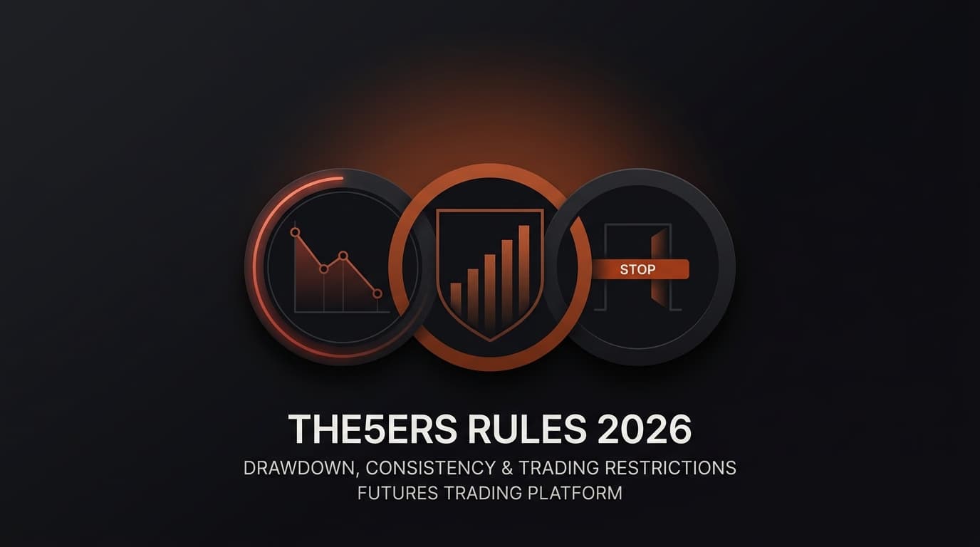 the5ers Rules 2026: Drawdown, Consistency & Trading Restrictions — The5ers rules — futures trading platform context, abstract editorial illustration